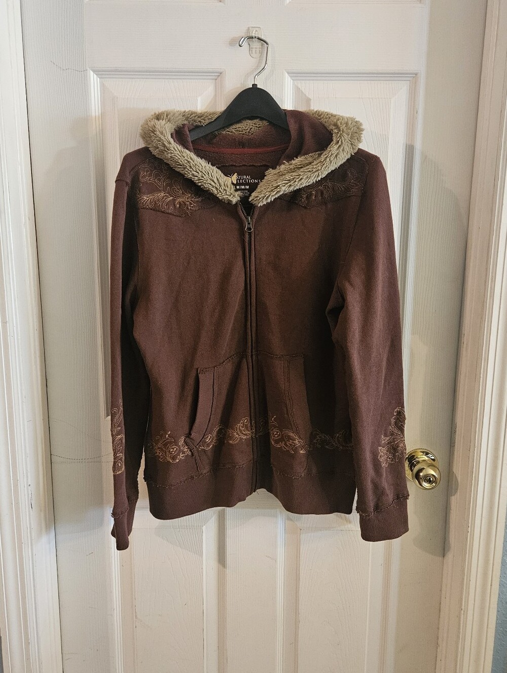 Natural Reflections Ladies Zip Up Hoodie Embroidered Faux Fur Lined Hood Medium